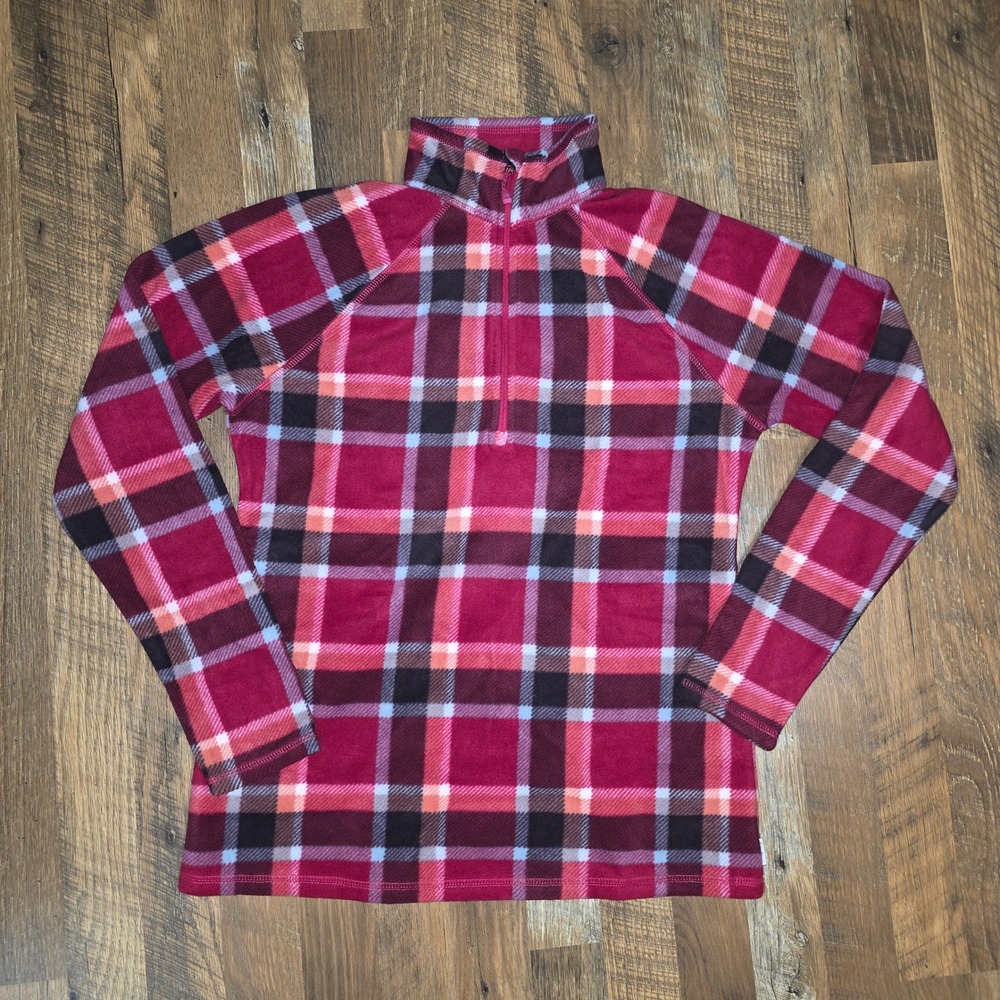 Eddie Bauer Fleece Pullover Womens Small Pink Red Plaid Quarter Zip Mock Neck